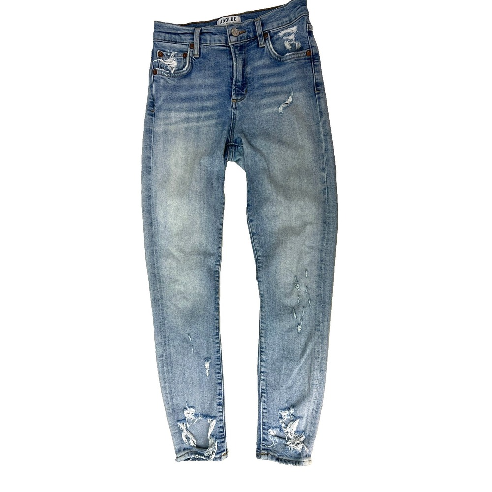 AGOLDE Skinny Leg Light Wash Distressed Denim Fraying & Holes Five Pocket SZ 24